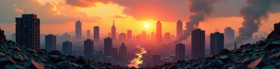 Fototapeta premium Ruined city skyline, crumbling buildings, post-apocalyptic landscape, bomb, architecture