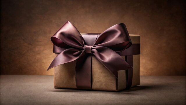 A luxuriously wrapped gift box with a deep brown satin ribbon, signifying a thoughtful present, perfect for a special occasion or celebration.