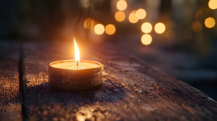 Elegant Candle Flame on Rustic Table with Soft Bokeh Background