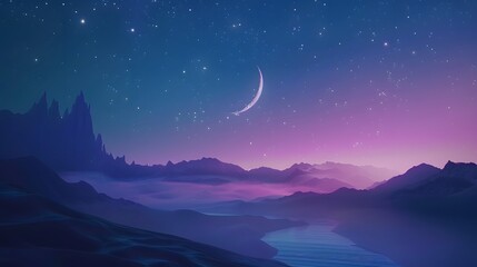 Tranquil Crescent Moon Over Dreamy Mountain Landscape at Twilight