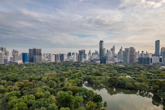 Beautiful aerial view of green park with a city skyline featuring numerous tall buildings in the heart of a metropolis, beneath a cloudy sky.
