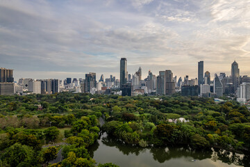 Beautiful Aerial view Green Park With Downtown Skyscrapers Background.