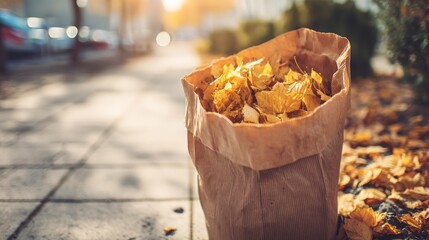 Autumn leaves in a paper bag on a sidewalk