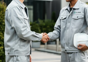 Fototapeta premium Two construction workers in uniforms shake hands, symbolizing agreement