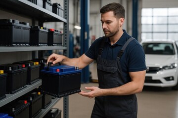 Car technician grabbing new battery from shelf, about to replace unit in customer's car at professional service center