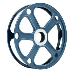 Obraz premium sleek, blue metallic wheel rim with modern design featuring five circular cutouts and polished finish, ideal for automotive enthusiasts
