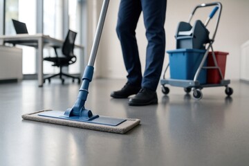 Detail shot of mop wiping smooth epoxy flooring, cleaning equipment and cart present in tidy office interior