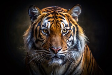 Fototapeta premium Majestic Tiger in Dark, Flashing Lights - Powerful Wildlife Stock Photo