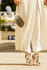 Silver high heels, purse and culottes