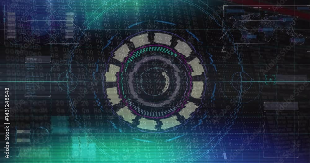 Poster central circular hud interface rotating in dark hud display, showing scrolling binary code