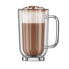 clear glass mug filled with creamy hot chocolate topped with whipped cream and cocoa powder, creating cozy and inviting beverage