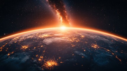 Earth sunrise from space, city lights