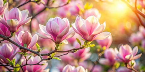 Obraz premium Delicate pink magnolia flowers unfold their petals in a vibrant spring bloom, revealing intricate details and soft hues , flower details, pastel colors