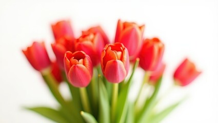 Fototapeta premium A stunning bouquet of vibrant red tulips with soft orange hues and green leaves on a white background – floral macro photography