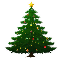 Fototapeta premium beautifully decorated Christmas tree with shining star on top, adorned with colorful ornaments and twinkling lights, creating festive and joyful atmosphere