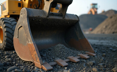 Tight shot of bucket scoop gripping rocky industrial soil with iron grit