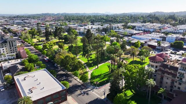 aerial footage of office buildings, apartments and trees in Pasadena California USA