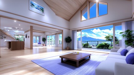 Fototapeta premium Modern living space overlooking mt fuji