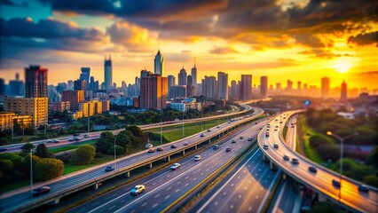 Fototapeta premium Miniature Highway Leading to City Skyline - Tilt-Shift Photography