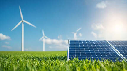 modern solar panel in green field with wind turbines in background, showcasing renewable energy sources and sustainable future. scene is bright and optimistic