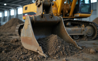 Close up of excavator bucket teeth digging into gritty industrial soil texture