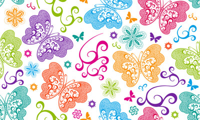 Vector hand drawn seamless pattern with fantasy colorful openwork butterflies and flowers on transparent background. For packaging, wallpaper, textiles