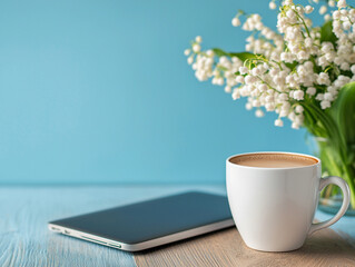 cozy home office scene featuring white coffee cup beside laptop, with bouquet of fresh lilies of valley in green vase, creating serene and inviting atmosphere