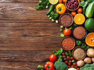 Fresh vegetables and fruits arranged on wooden surface, showcasing vibrant assortment of colors and textures. This healthy food background emphasizes importance of nutrition and wellness