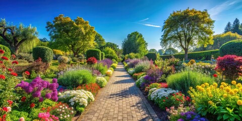 Serene garden pathway lined with vibrant flowers and ornamental trees under a clear blue sky on a sunny day, gardening inspiration, outdoor decor