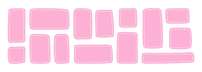 Set of hand-drawn rectangles, squares shapes. Freehand doodle pastel pink colored textbox frames.