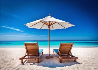 Fototapeta premium Minimalist Beach Scene: Two Sun Loungers, Azure Ocean, Clear Sky