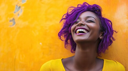 Naklejka premium A young woman with vibrant purple hair and colorful eye makeup smiles broadly, sticking out her tongue playfully.
