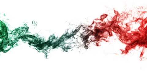 Red and green smoke merging isolated on white background as transparent. PNG