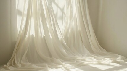 The soft white veil gently drapes, creating a serene and ethereal background overlay with abstract shadows, perfect for adding a touch of elegance and grace.