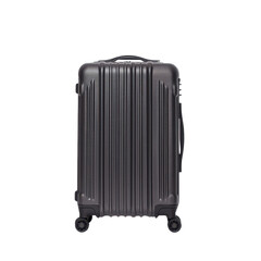 Fototapeta premium sleek black hard shell suitcase with four wheels, designed for travel convenience and durability. suitcase features ribbed texture and sturdy handle for easy maneuverability