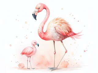 Fototapeta premium Minimalist Flamingo Mom & Baby Watercolor Mother's Day Greeting Card Clipart