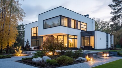 Fototapeta premium Modern architectural home with illuminated garden at twilight creating an inviting and luxurious atmosphere with beautiful outdoor landscape and contemporary design