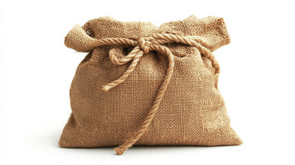 Burlap sack with a jute rope tie, displayed against a white background