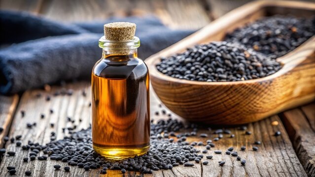Close-up of black cumin oil bottle on table with selective focus, natural remedy