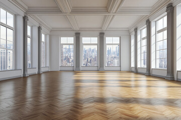 Fototapeta premium Sunlit empty room with hardwood floors large windows and city view