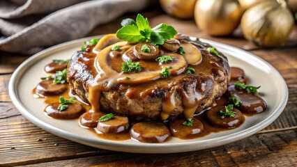 Grilled Salisbury steak on a plate with rich mushroom gravy, mushroom gravy