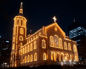 A grand church illuminated with Christmas lights at night