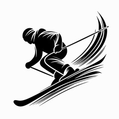 Skiing silhouette performing a dynamic turn against a plain background  
