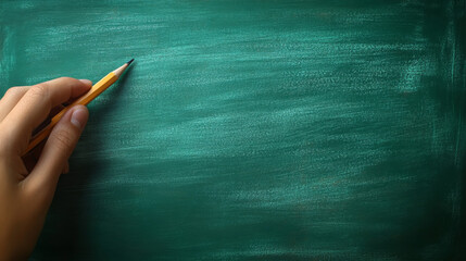 Close-up of a teacher&acirc;&euro;&trade;s hand writing on a green chalkboard with space left blank for custom text