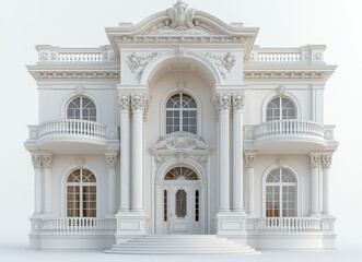 Fototapeta premium Neo-Classical Mansion Facade Isolated on White Background with Ornate Architectural Elements