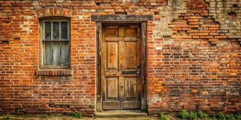 Old brick house with worn shabby door and weathered wooden frame , old, vintage,  old, vintage, door, rustic, exterior
