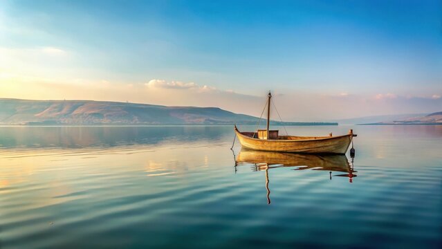 Soft morning light dances across the wooden sail of a small boat on the quiet Sea of Galilee, creating a sense of serenity and connection to nature's beauty , sail, natural light