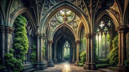 Fototapeta premium Intricate gothic arches with pointed leafy details and ornate stone carvings in a dark, mysterious atmosphere , gothic architecture, stone carvings