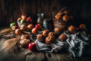 Rustic still life featuring homemade muffins and fresh apples on a wooden table top with natural light and warm tones