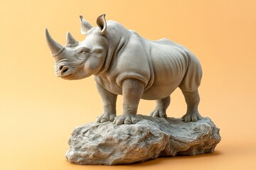 Fototapeta premium Gray rhinoceros sculpture positioned on a rocky outcrop.
